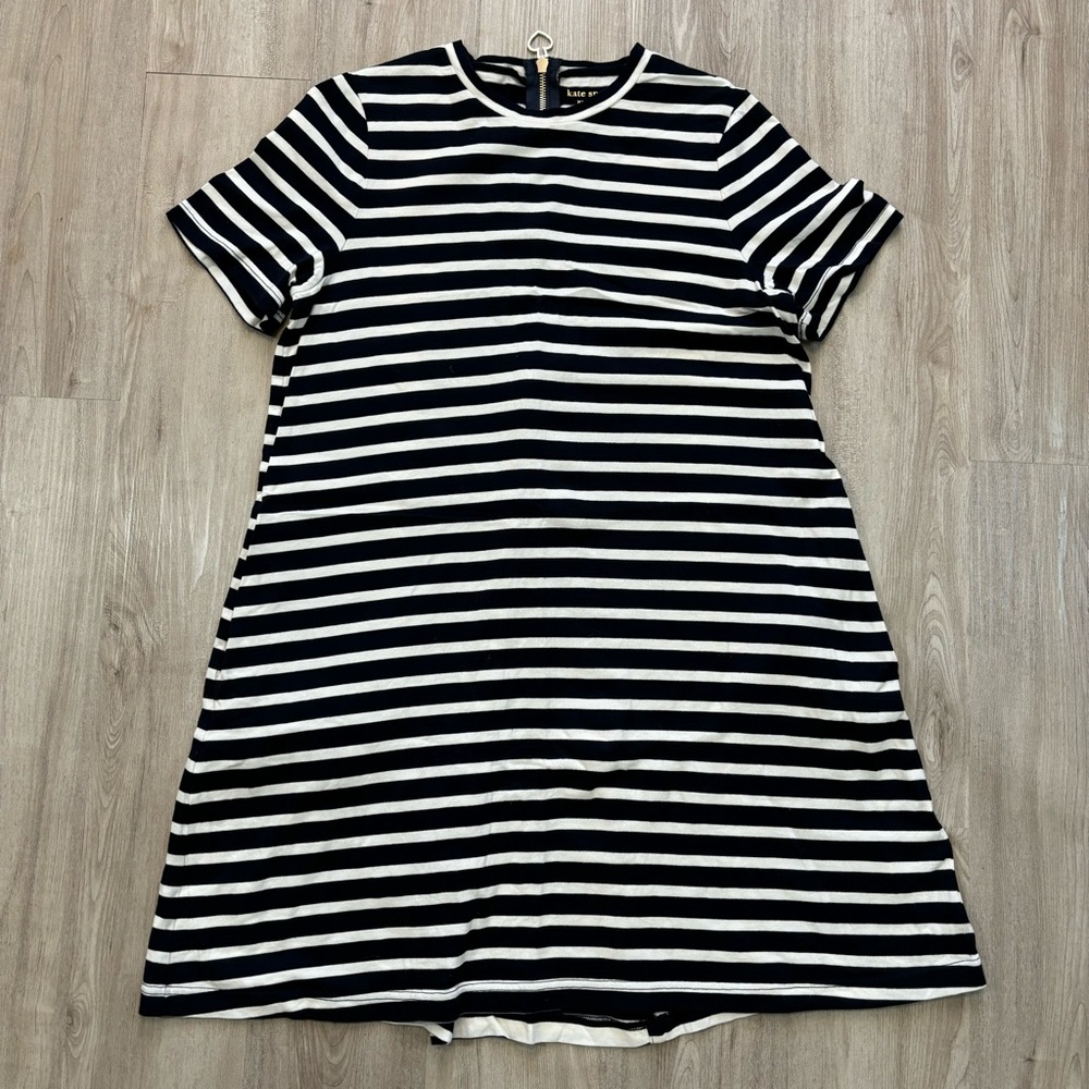 Kate Spade M Navy White Stripe‎ Cotton Dress Medium Heart Zipper Back Pockets